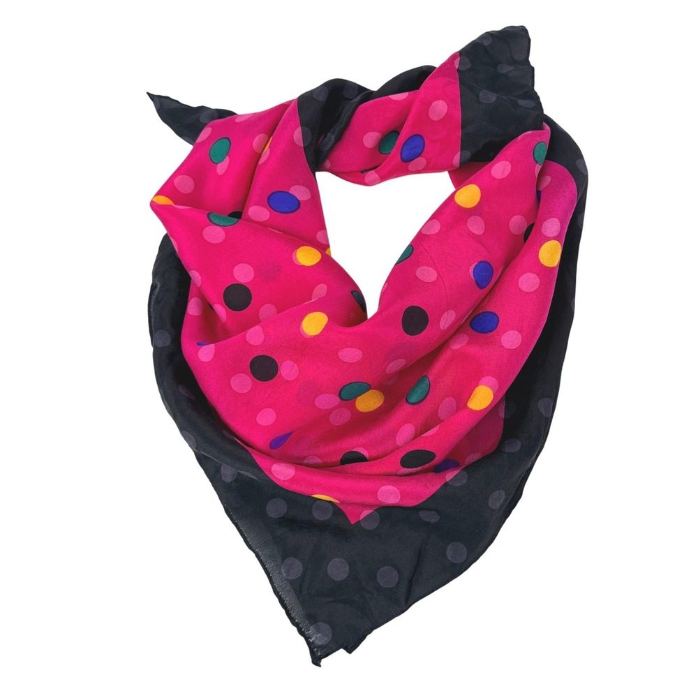 Jacqueline Ferrar Vtg 100% Silk Scarf Pink Black Polka Dot Square 28x28 Japan